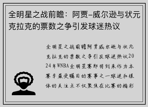 全明星之战前瞻：阿贾-威尔逊与状元克拉克的票数之争引发球迷热议